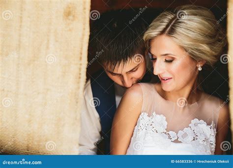Beautiful Wedding Couple In Doorway Stock Photo Image Of Male Door