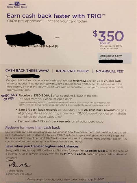 Maybe you would like to learn more about one of these? Targeted: 5/3 Bank Trio Mastercard mailer. 35,000 bonus points ($350) after $1,500 spend. No ...
