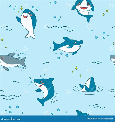 Kawaii Shark Seamless Pattern Cute Funny Sharks Nautical Background