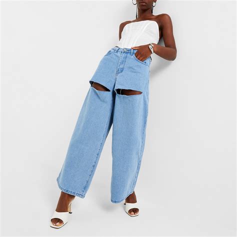Missguided Petite Wide Leg Ripped Jeans Blue Missguided