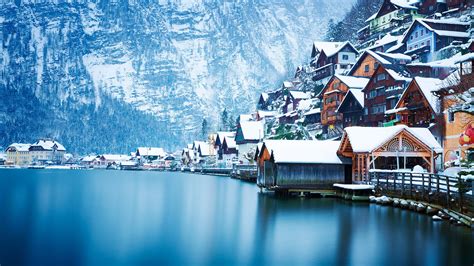 Hallstatt Invierno Hermoso Nieve Casas Lago Austria Fondos De