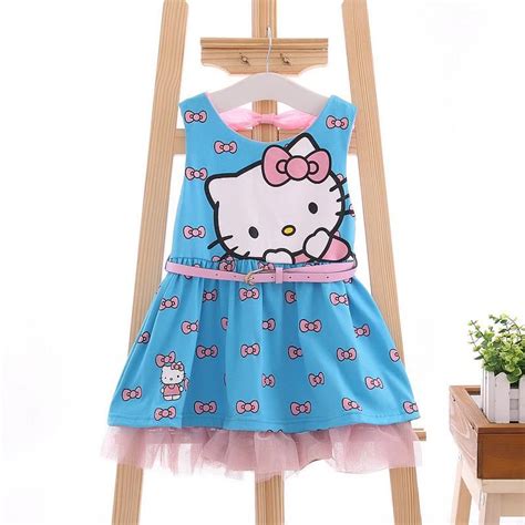 Girls Summer Vest Dresses Printed Hello Kitty Bow Tulle Hem Blue