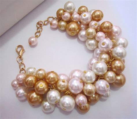 Blush Pink And Gold Pearl Bracelet Chunky Pearl Cluster Etsy