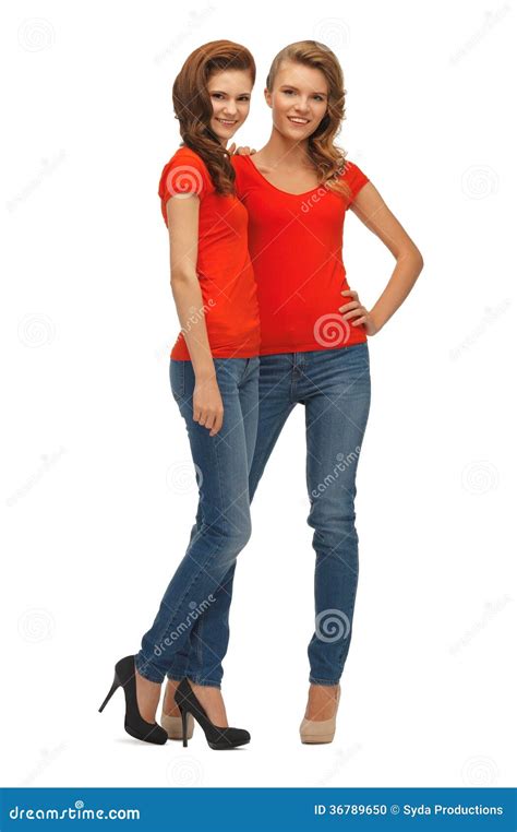 Two Beautiful Teenage Girls In Red T Shirts Stock Photo Image Of