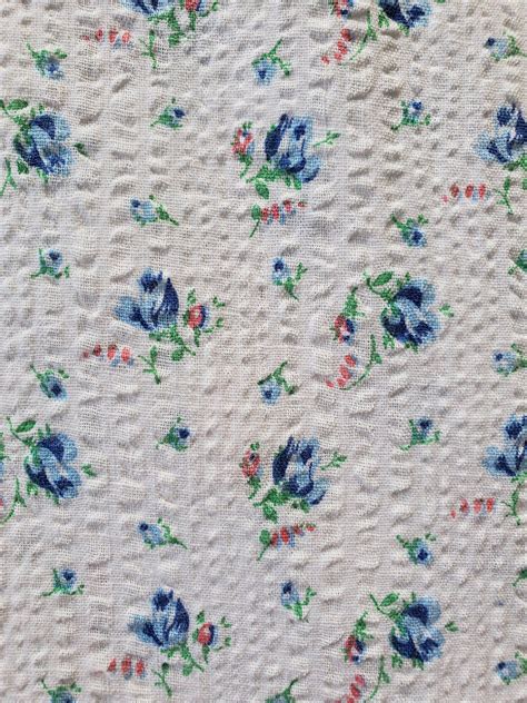 Antique Vintage Tiny Blue Rose Print Cotton Seersucker Fabric 17 Yards