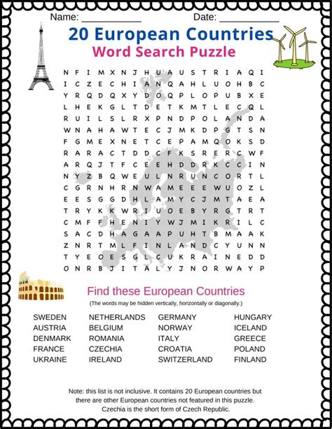 20 Countries Of Europe Word Search Free Printable Pdf