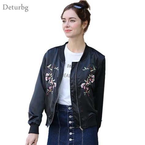 Womens Fashion Floral Embroidery Jacket Female Zipper Black Silky