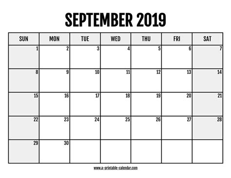 2019 September Calendar Printable A Printable Calendar