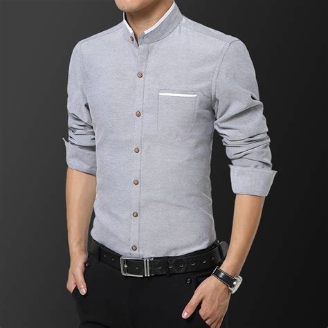 Mens Casual Long Sleeve Stand Collar Pure Color Shirt Men Baju Kurung