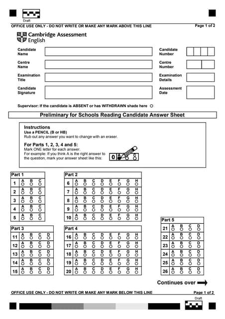 A2 Key For Schools Reading Sample Answer Sheet Pdf 42 Off