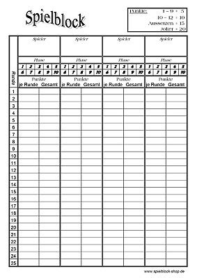 Kniffel spielplan (pdf) zum ausdrucken. Spielblock verwendbar für Phase 10 bzw. Phase 10 Master ...