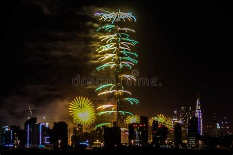 Explosion Of Multi Colored Fireworks At Burj Khalifa Dubai Against The