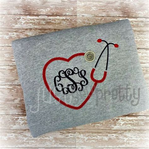Monogram Heart Stethoscope Embroidery Applique Design Etsy