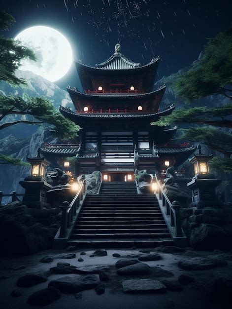 Premium Ai Image A Painting Of A Pagoda At Night With A Full Moon In