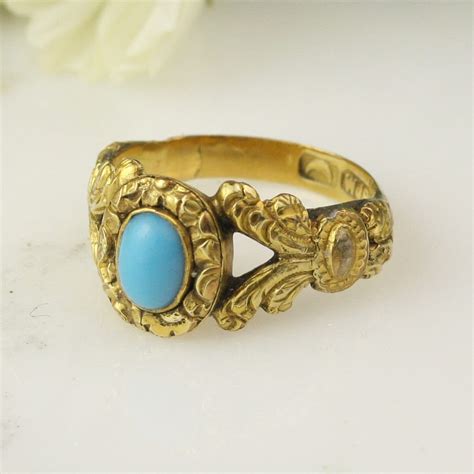 Antique Georgian 18k Yellow Gold Turquoise Engraved Ring