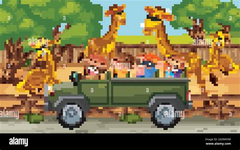 Safari Scene With Many Giraffes And Kids On Tourist Car Illustration