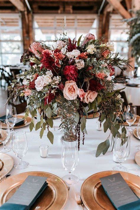 Fall autumn botanical floral border in boho style with red rose. Fall wedding centerpiece idea - lush, greenery centerpiece ...