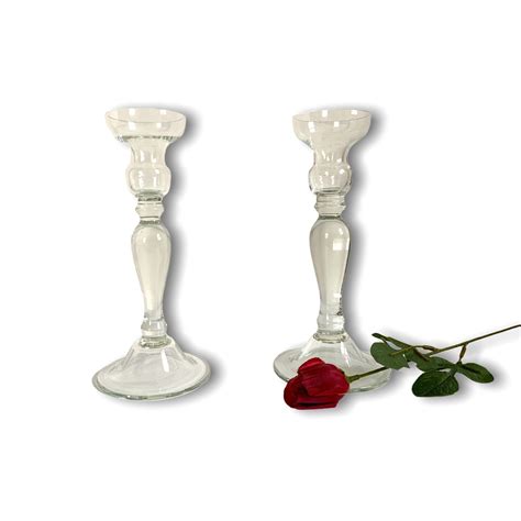 2 Vintage Tall Clear Blown Glass Candlestick Holders Pair Retro