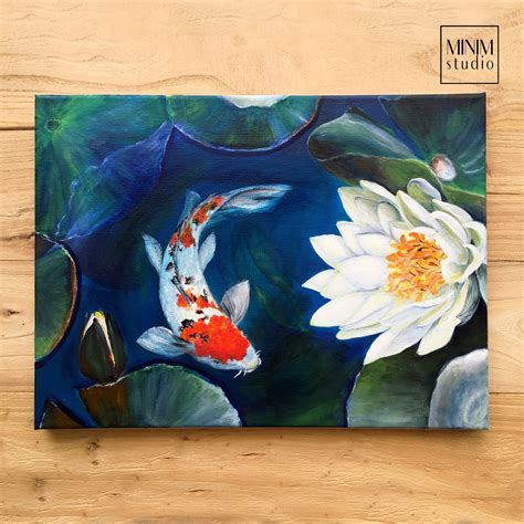 Original【white Water Lilies】acrylic Painting Contemporary Koi Fish Art