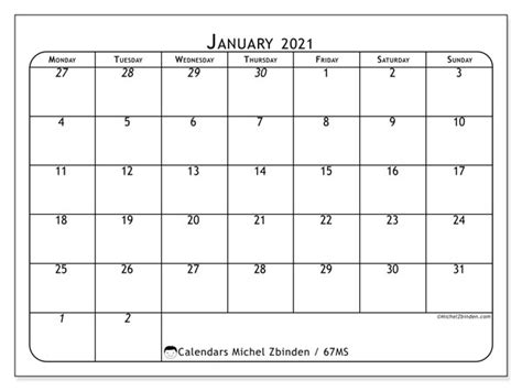 Printable January 2021 “67ms” Calendar Michel Zbinden En
