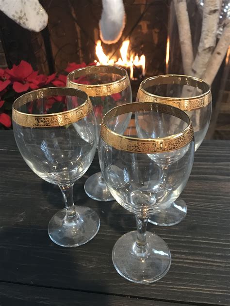 set of 4 gold rimmed wine glasses embossed stemware with swirl design gold rimmed wine glasses