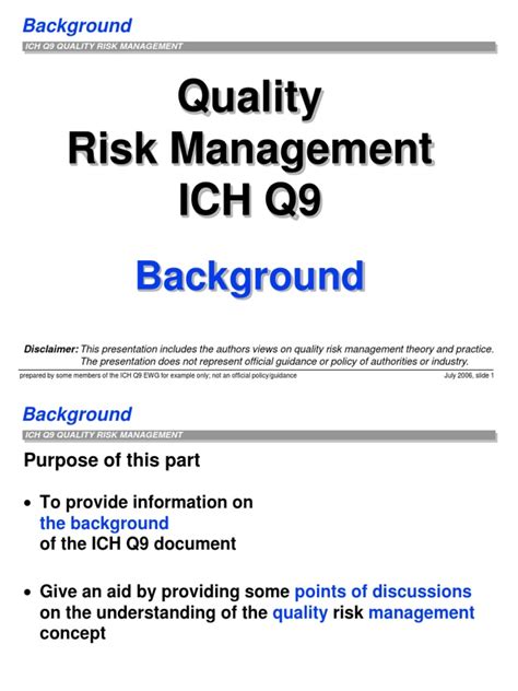 Quality Risk Management Ich Q9 Background Pdf Risk Management Risk