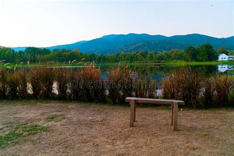 Wood Bench With Beautiful Lake At Chiang Mai With Forested Mountain And