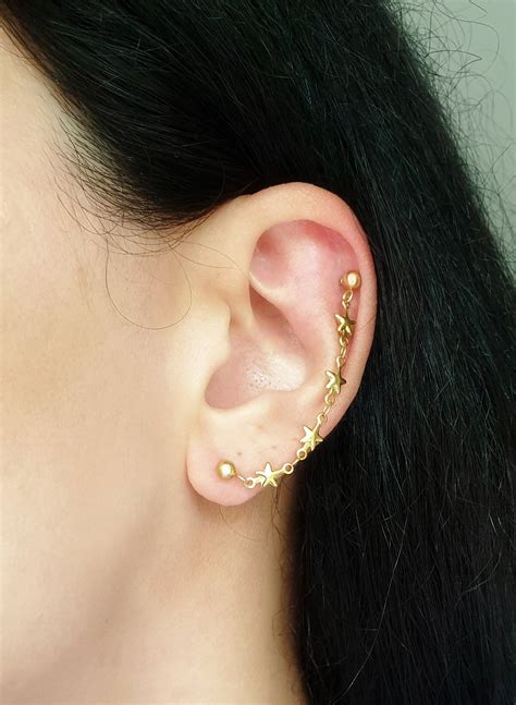 Star Chain Helix Earring Gold Cartilage Chain Earring Helix To Lobe