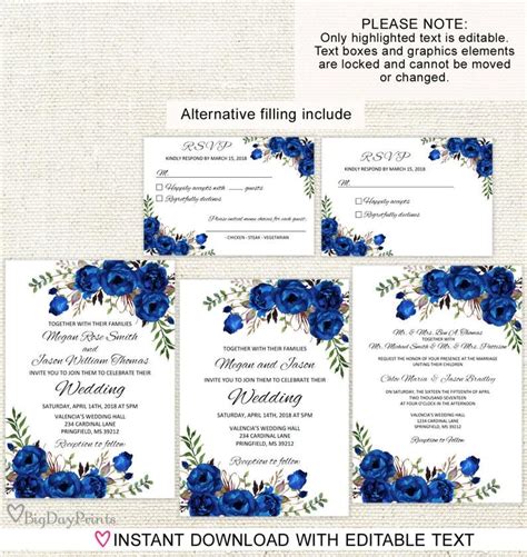 Blue Wedding Invitation Template Royal Blue Wedding Etsy Wedding