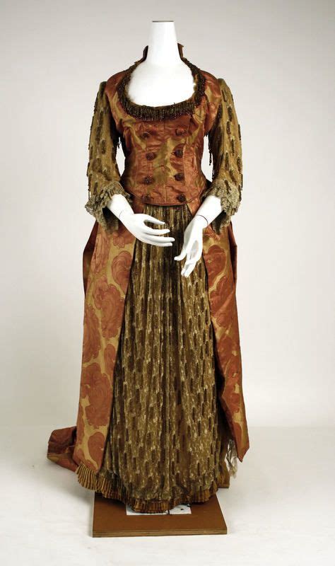 1886 Copper Floral Silk Gown Fashion Silk Evening Dress Historical