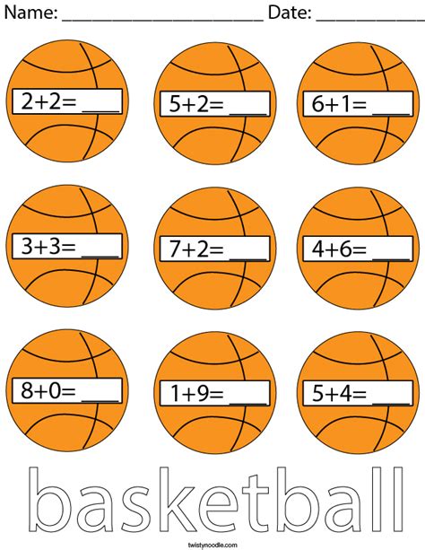 Basketball Addition Math Worksheet Twisty Noodle