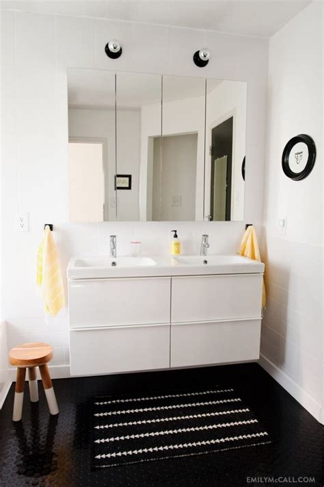 Should i run this under the cabinets, or put it in after the cabinets are installed? bathroom - Ikea Godmorgen mirrors across back wall # ...
