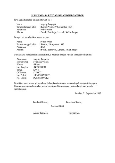 Yang bisa anda jadikan patokan dalam mengurus untuk contoh surat kuasa, formulir surat permohonan efin pajak, administrasi pajak, dan demikian ulasan mengenai contoh surat kuasa pembayaran pajak kendaraan (motor/mobil). Contoh Surat Kuasa Pengurusan Motor - Contoh Surat