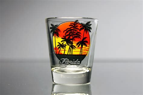 Souvenir Shot Glass Florida Sunset With Palm Trees Clear Glass Pryo Glazed Collectible Barware