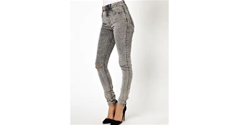 Asos Ridley High Waist Ultra Skinny Jeans In Grey Acid Wash Cord In