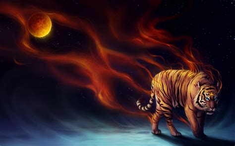 Download Wallpapers Burning Tiger Art Painted Tiger Predator Space