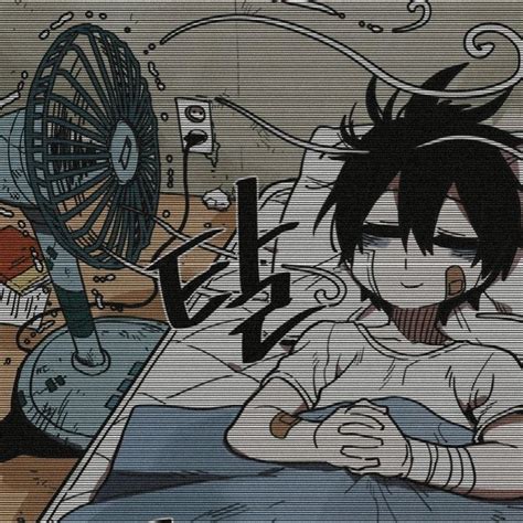 An Anime Character Laying In Bed With His Head On The Pillow And Fan