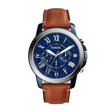 Fossil Grant Stainless Steel Gents Chronograph Watch With Brown Leather