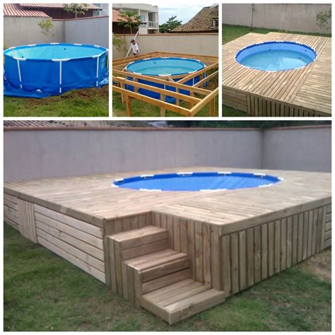 Get creative details from this diy pallet outdoor swimming pool tutorial that leads to a rocking round swimming pool and also comes with a raised wooden deck to enjoy poolside sitting and fun! Pallet Swimming Pool Deck - Andrea's Notebook