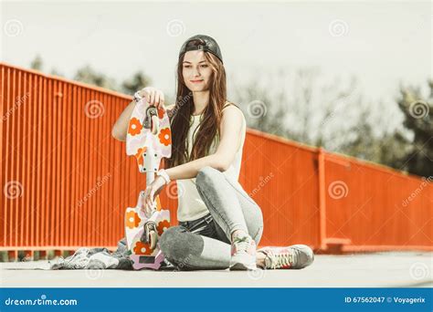 Teenage Girl Skater Riding Skateboard On Street Stock Image Image Of