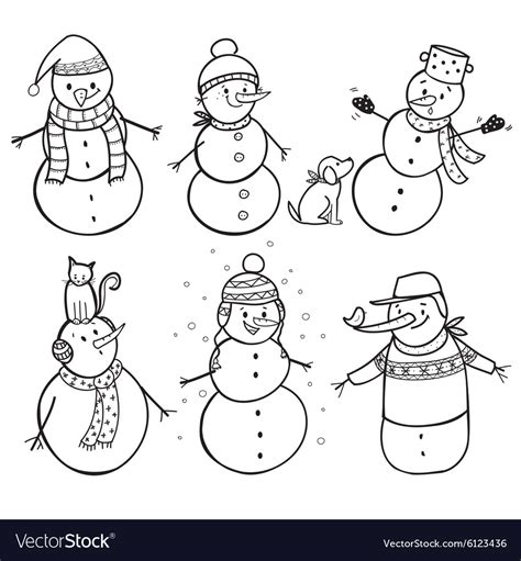 Set 6 Hand Drawn Snowman Royalty Free Vector Image