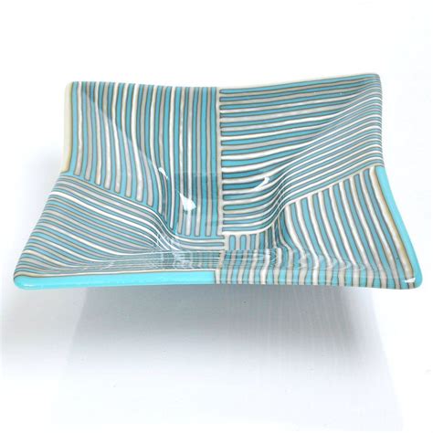 Turquoise And French Vanilla Fused Glass Strip Construction Candy Bowl Fused Glass Fused