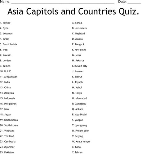 Asia Capitols And Countries Quiz Worksheet Wordmint