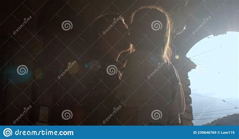 Silhouettes Man Woman Making Kiss Sunlight They Hold On Hands Make Movement Stock Image