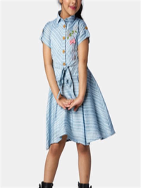 Buy Peppermint Girls Blue And White Cotton Striped Fit And Flare Dress
