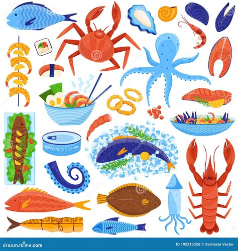 Seafood Restaurant Dish Vector Illustration Flat Set Cartoon Fresh Or