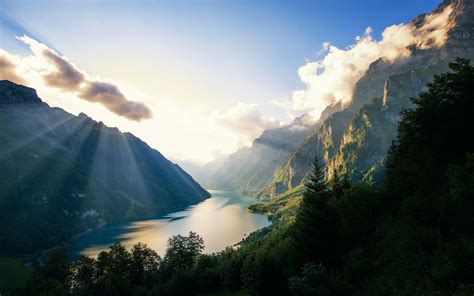 Nature Landscape Alps Lake Switzerland Sunset Mountain Forest