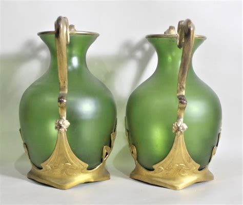 Pair Of Antique Art Nouveau Green Austrian Vases With Gilt Metal Mounts