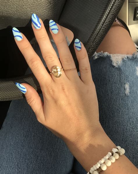Cute Blue Striped Round Funky Acrylic Nails Funky Nails Minimalist