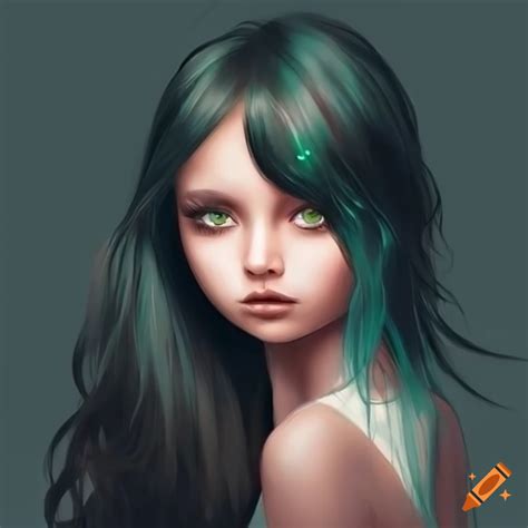 portrait of a beautiful girl with wavy black hair and green eyes on craiyon
